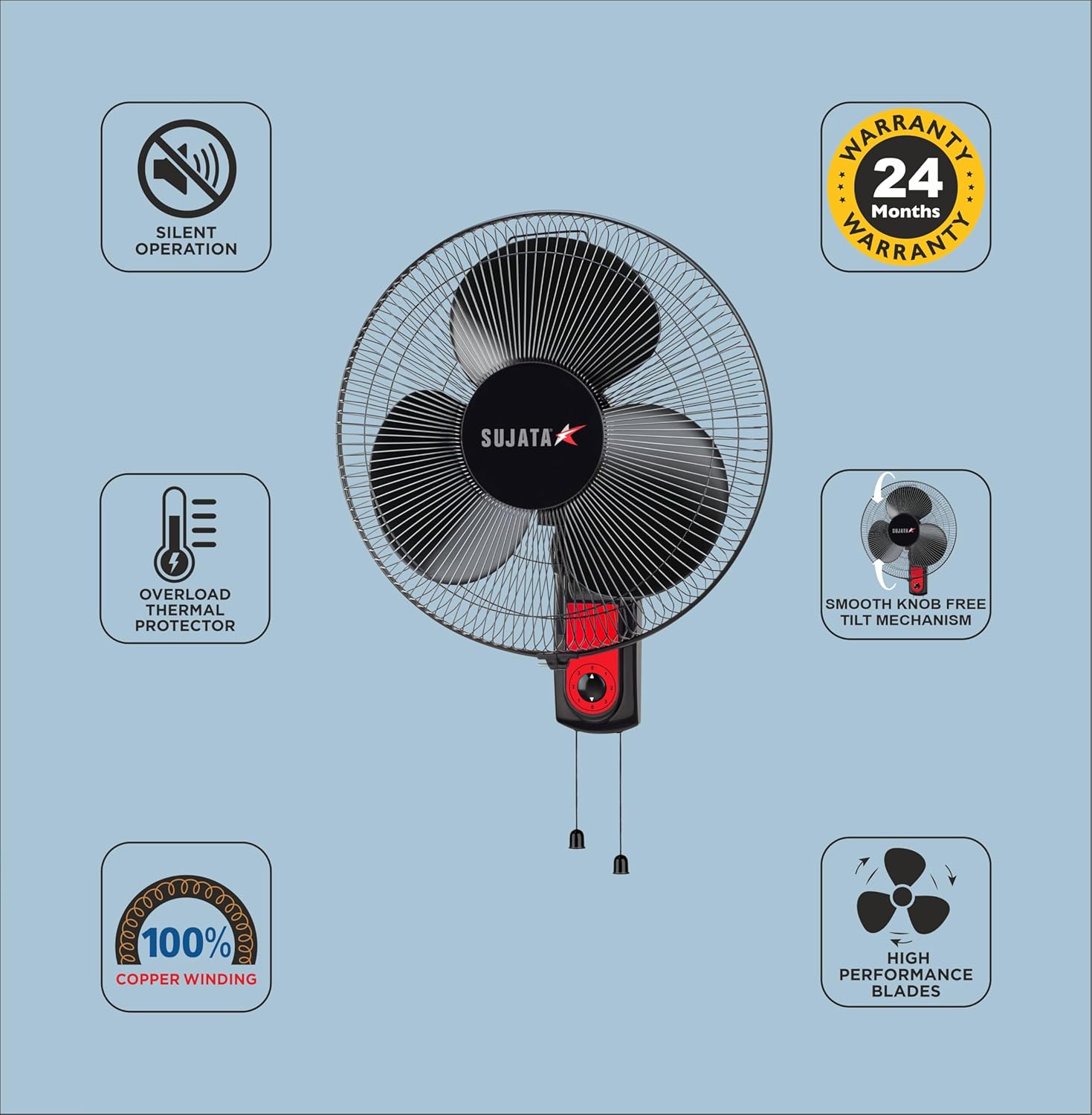 Sujata Wall Fan | 2 Years Warranty | 400 mm Sweep Wall Mount Fans for Home, Wall Fan for Living Room with 100% Copper Motor(SWF27 - Black) - Image 2